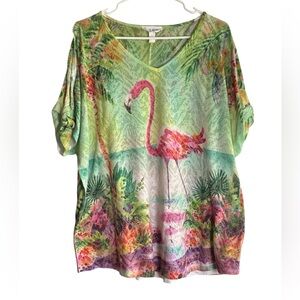 Ellen Negley Flamingo Tropical Cold Shoulder Short Sleeve Tunic Top XXL